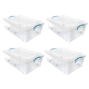 Picture of Plastic Clip Lidded Underbed Storage Box with Wheels, Stackable & Nestable, Clear, Set of 4, 30L
