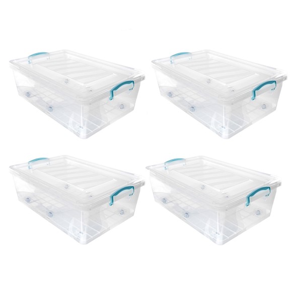Picture of Plastic Clip Lidded Underbed Storage Box with Wheels, Stackable & Nestable, Clear, Set of 4, 30L