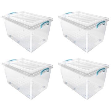 Picture of Plastic Clip Lidded Storage Box with Wheels, Stackable and Nestable, Clear, Set of 4, 50L