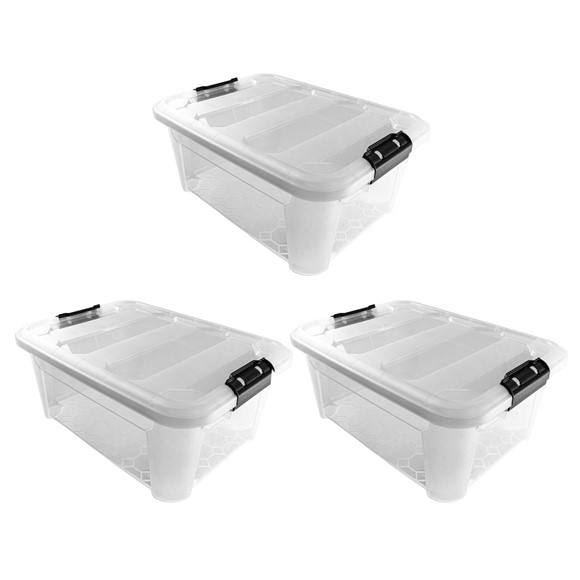 Picture of Plastic Secure Clip Lidded Storage Box, Stackable & Nestable, Clear, Set of 3, 25L