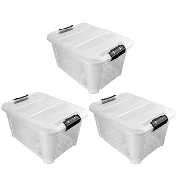 Picture of Plastic Secure Clip Lidded Storage Box, Stackable & Nestable, Clear, Set of 3, 30L