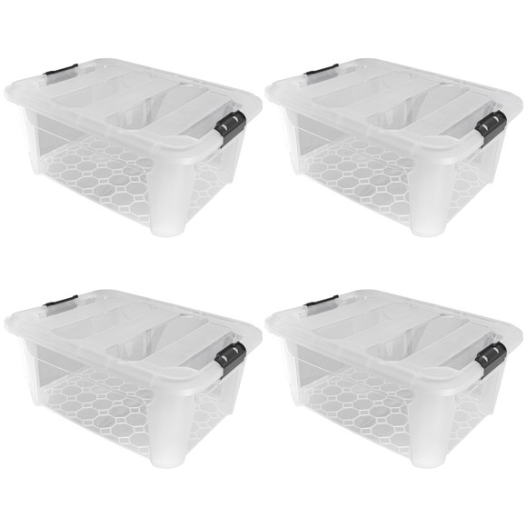 Picture of Plastic Secure Clip Lidded Storage Box, Stackable & Nestable, Clear, Set of 4, 40L