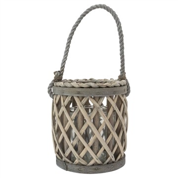 Picture of Natural Willow Wood Lantern With Braided Rope Handle - Grey Wash