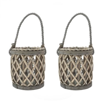 Picture of Set of 2 Natural Willow Wood Lantern With Braided Rope Handle - Grey Wash