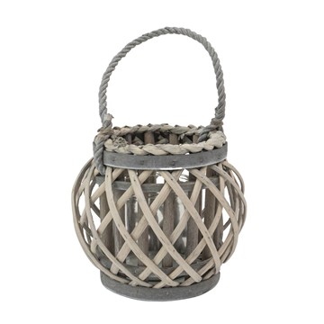Picture of Natural Round Willow Wood Lantern With Braided Rope Handle - Grey Wash