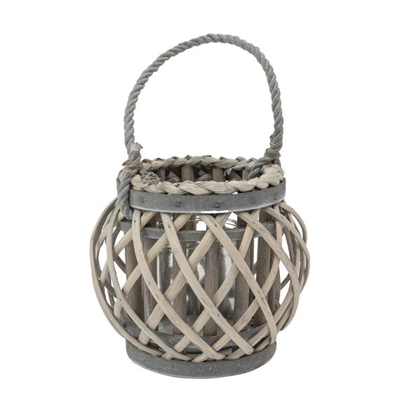 Picture of Natural Round Willow Wood Lantern With Braided Rope Handle - Grey Wash