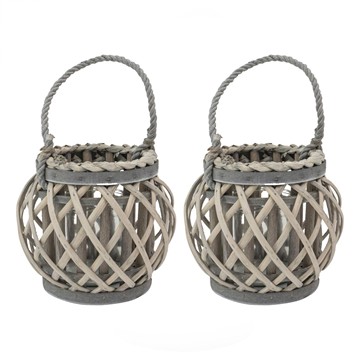 Picture of Set of 2 Natural Round Willow Wood Lantern With Braided Rope Handle - Grey Wash