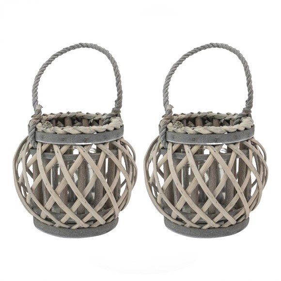 Picture of Set of 2 Natural Round Willow Wood Lantern With Braided Rope Handle - Grey Wash
