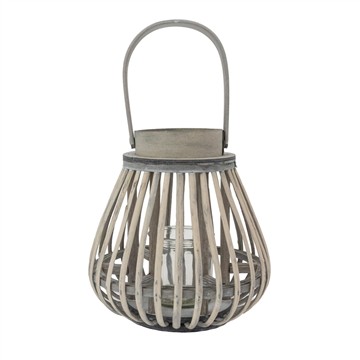 Picture of Natural Bulb Shaped Willow Wood Lantern With Wooden Handle - Grey Wash