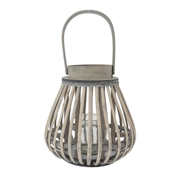 Picture of Natural Bulb Shaped Willow Wood Lantern With Wooden Handle - Grey Wash