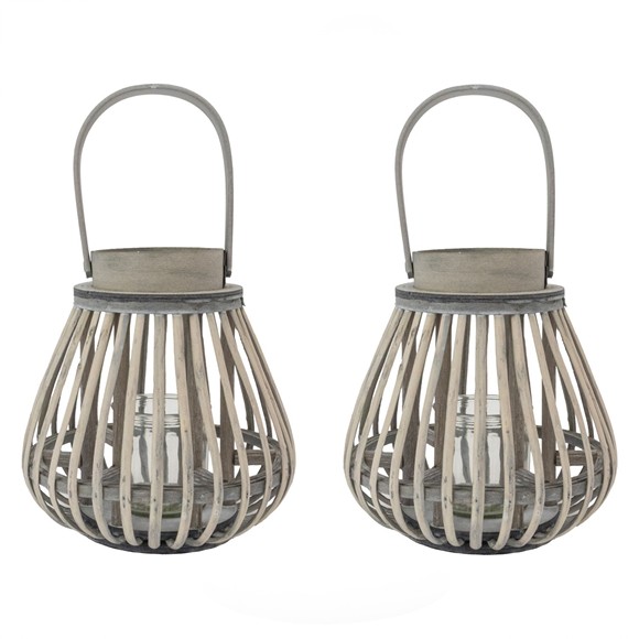 Picture of Set of 2 Natural Bulb Shaped Willow Wood Lantern With Wooden Handle - Grey Wash