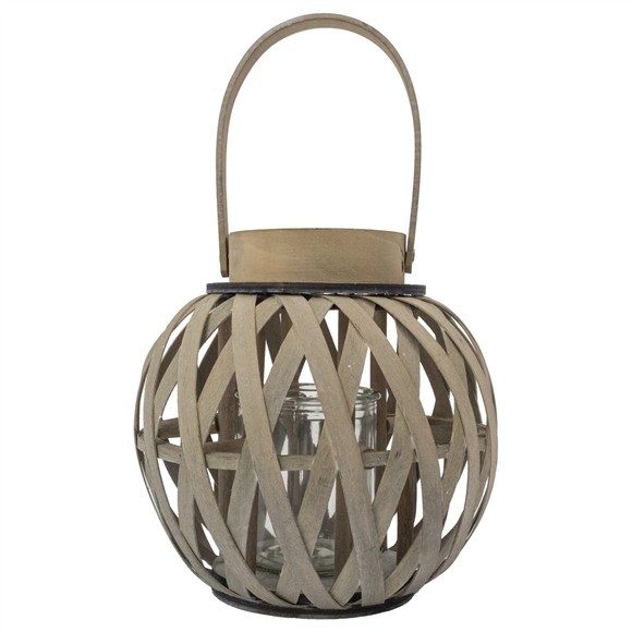 Picture of Natural Round Wood Lantern With Handle - Antique Wash