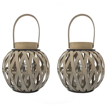 Picture of Set of 2 Natural Round Wood Lantern With Handle - Antique Wash