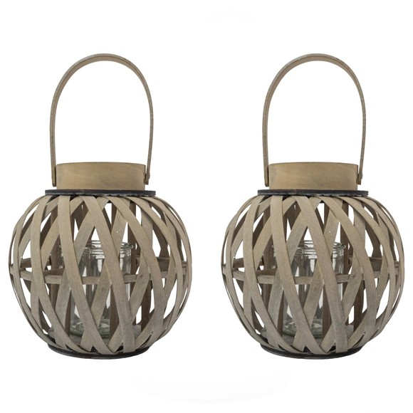 Picture of Set of 2 Natural Round Wood Lantern With Handle - Antique Wash